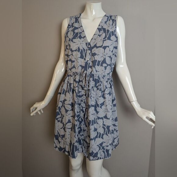Gap Blue Floral Sleeveless Dress – Size 4 – Cotton Button Front with Waist Tie - Picture 1 of 11